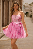Pink Flower A-Line Corset Strapless Short Graduation Dress