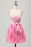 Pink Flower A-Line Corset Strapless Short Graduation Dress