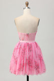 Pink Flower Strapless Corset Short Graduation Dress with Bow