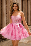 Pink Flower A-Line Corset Strapless Short Graduation Dress
