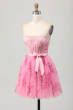 Pink Flower Strapless Corset Short Graduation Dress with Bow
