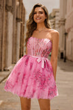 Pink Flower A-Line Corset Strapless Short Graduation Dress