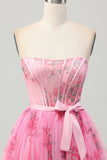 Pink Flower Strapless Corset Short Graduation Dress with Bow