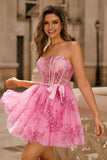 Pink Flower A-Line Corset Strapless Short Graduation Dress