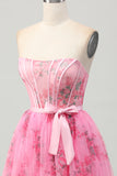 Pink Flower Strapless Corset Short Graduation Dress with Bow