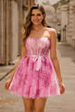 Pink Flower A-Line Corset Strapless Short Graduation Dress