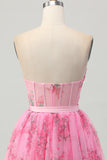 Pink Flower Strapless Corset Short Graduation Dress with Bow
