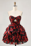 Black Red Strapless Ruffled Printed Cut Out Graduation Dress