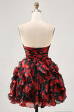 Black Red Strapless Ruffled Printed Cut Out Graduation Dress