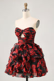Black Red Strapless Ruffled Printed Cut Out Graduation Dress