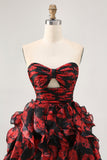 Black Red Strapless Ruffled Printed Cut Out Graduation Dress