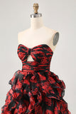 Black Red Strapless Ruffled Printed Cut Out Graduation Dress