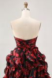 Black Red Strapless Ruffled Printed Cut Out Graduation Dress