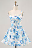 White Blue Flower Printed A Line Corset Graduation Dress