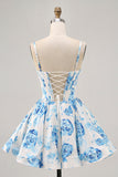 White Blue Flower Printed A Line Corset Graduation Dress