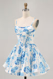 White Blue Flower Printed A Line Corset Graduation Dress