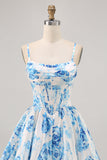 White Blue Flower Printed A Line Corset Graduation Dress