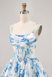 White Blue Flower Printed A Line Corset Graduation Dress