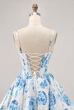 White Blue Flower Printed A Line Corset Graduation Dress