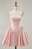 Blush Cowl Neck A-Line Spaghetti Straps Beaded Satin Graduation Dress