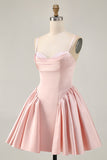 Blush Cowl Neck A-Line Spaghetti Straps Beaded Satin Graduation Dress