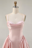 Blush Cowl Neck A-Line Spaghetti Straps Beaded Satin Graduation Dress