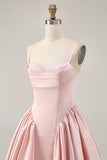 Blush Cowl Neck A-Line Spaghetti Straps Beaded Satin Graduation Dress