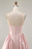 Blush Cowl Neck A-Line Spaghetti Straps Beaded Satin Graduation Dress