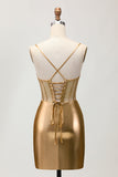 Metallic Satin Ruched Golden Bodycon Corset Graduation Dress with Beading