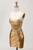 Metallic Satin Ruched Golden Bodycon Corset Graduation Dress with Beading