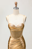 Metallic Satin Ruched Golden Bodycon Corset Graduation Dress with Beading