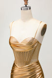 Metallic Satin Ruched Golden Bodycon Corset Graduation Dress with Beading