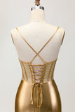 Metallic Satin Ruched Golden Bodycon Corset Graduation Dress with Beading