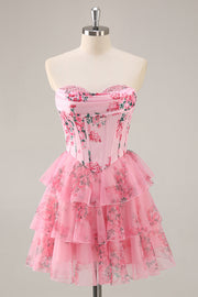 A-Line Strapless Corset Tiered Pink Flower Short Graduation Dress