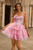 Pink Floral Strapless A-Line Corset Tiered Short Graduation Dress