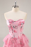 A-Line Strapless Corset Tiered Pink Flower Short Graduation Dress