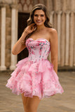 Pink Floral Strapless A-Line Corset Tiered Short Graduation Dress