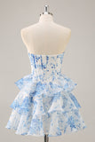 White Blue Flower A-Line Strapless Corset Tiered Short Homecoming Dress