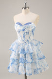 A-Line Strapless Corset Tiered Pink Flower Short Graduation Dress
