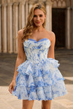 A-Line Cowl Neck Tiered Strapless Floral Print Corset Graduation Dress