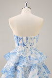 A-Line Strapless Corset Tiered Pink Flower Short Graduation Dress