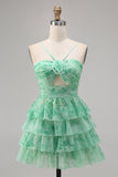 Green Floral Tiered Keyhole A Line Graduation Dress