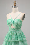 Green Floral Tiered Keyhole A Line Graduation Dress