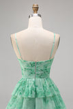 Green Floral Tiered Keyhole A Line Graduation Dress