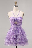Purple A-line Spaghetti Straps Tiered Cut Out Floral Short Graduation Dress