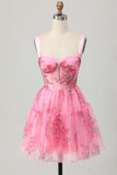 Pink Floral A-Line Spaghetti Straps Corset Short Graduation Dress