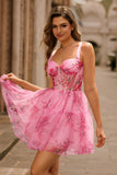 Pink Floral A-Line Spaghetti Straps Corset Short Graduation Dress