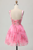 Pink Floral A-Line Spaghetti Straps Corset Short Graduation Dress