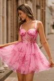Pink Floral A-Line Spaghetti Straps Corset Short Graduation Dress