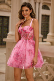 Pink Floral A-Line Spaghetti Straps Corset Short Graduation Dress
